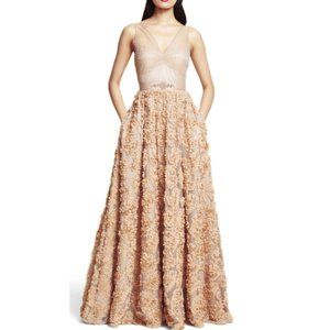 Adrianna Papell Beige Rosette Formal Ball Gown